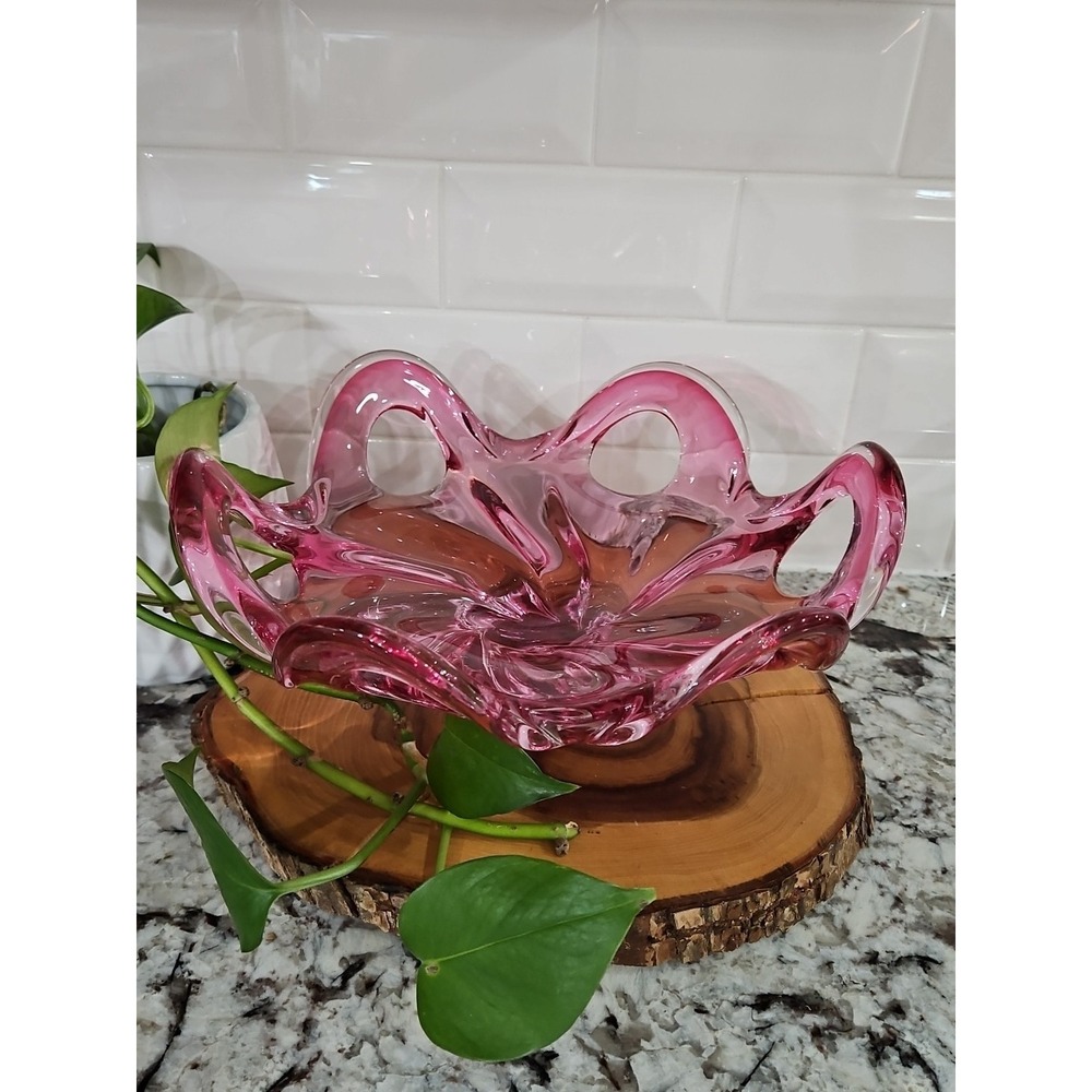 Vintage Pink Hand-Blown Glass Pedestal Bowl By Josef Hospodka
